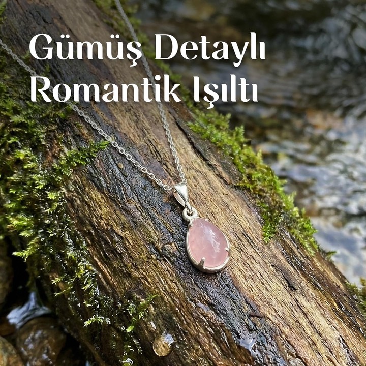 Berceste Model Pembe Kuvars Taşı Gümüş Kolye - Damla Şeklinde