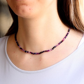 Beyaz Damarlı Mor Akik Taşı Dizi Kolye  ( 4 mm ) - Çelik Aparatlı - 2