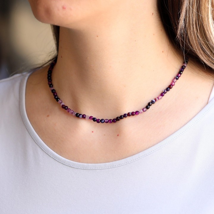 Beyaz Damarlı Mor Akik Taşı Dizi Kolye  ( 4 mm ) - Çelik Aparatlı