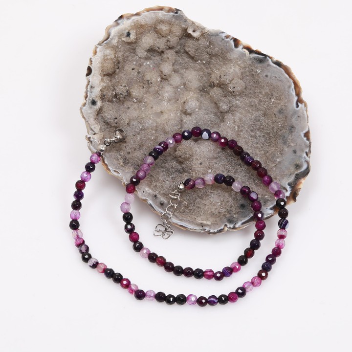 Beyaz Damarlı Mor Akik Taşı Dizi Kolye  ( 4 mm ) - Çelik Aparatlı