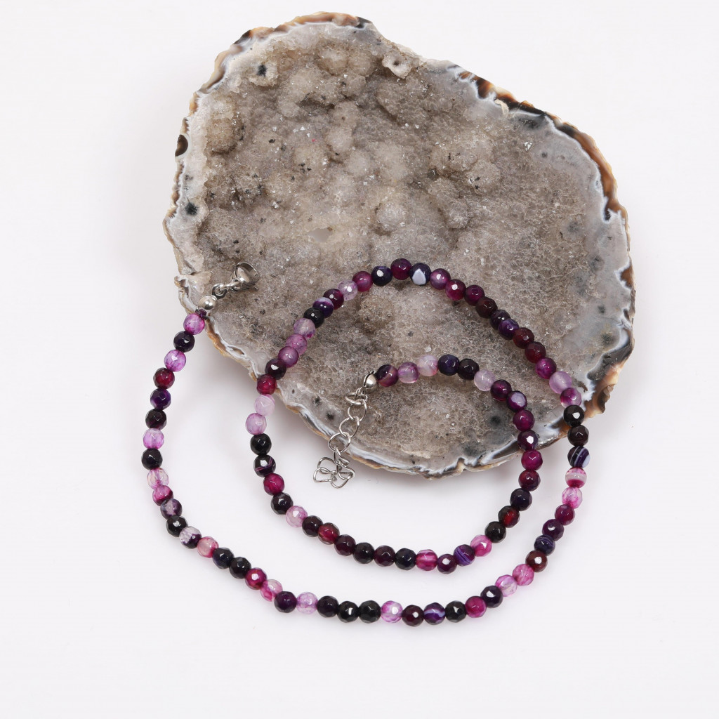 Beyaz Damarlı Mor Akik Taşı Dizi Kolye  ( 4 mm ) - Çelik Aparatlı