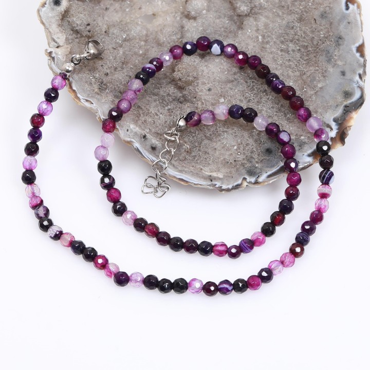 Beyaz Damarlı Mor Akik Taşı Dizi Kolye  ( 4 mm ) - Çelik Aparatlı