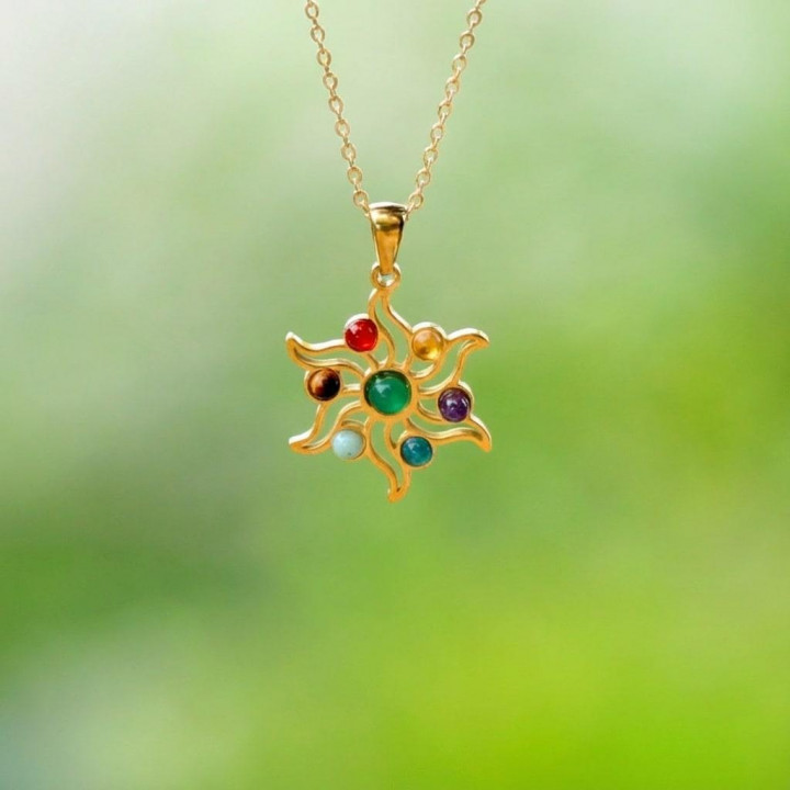 Altın Renkli Çakra Güneşi Çelik Kolye – 7 Taşlı Doğal Taş Çakra Kolye - 2