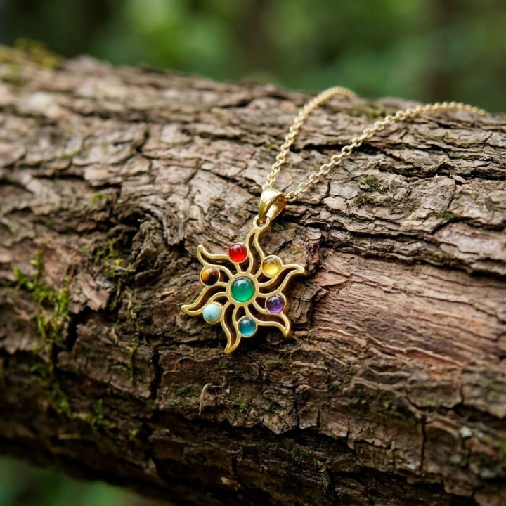 Altın Renkli Çakra Güneşi Çelik Kolye – 7 Taşlı Doğal Taş Çakra Kolye - 1
