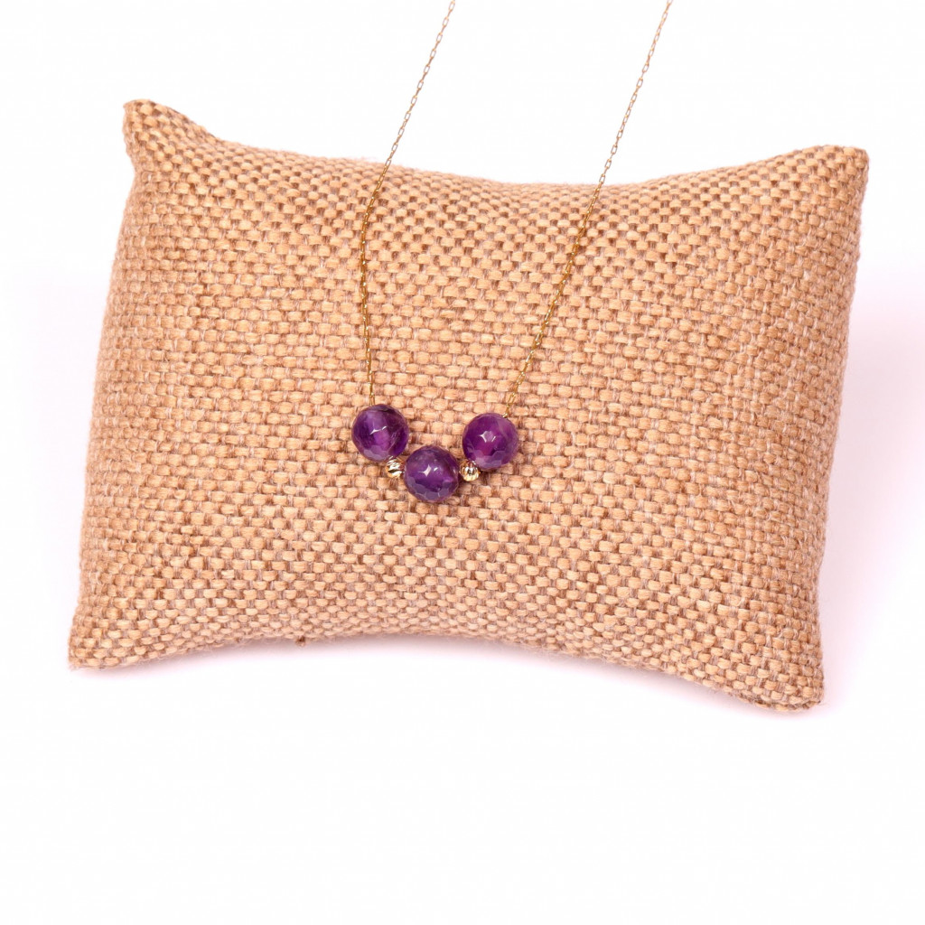 Çelik Zincirli Ametist Taşı Kolye - Altın Renkli Üç Top Model