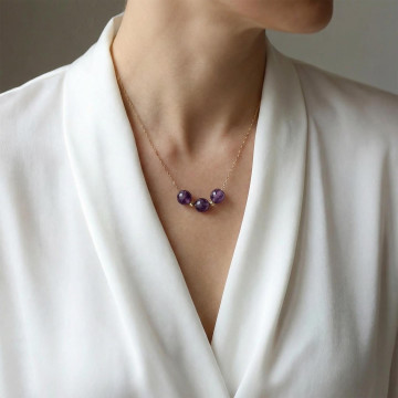 Çelik Zincirli Ametist Taşı Kolye - Altın Renkli Üç Top Model