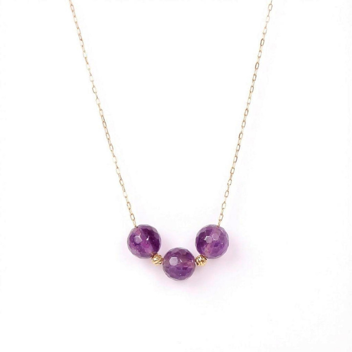 Çelik Zincirli Ametist Taşı Kolye - Altın Renkli Üç Top Model - 2