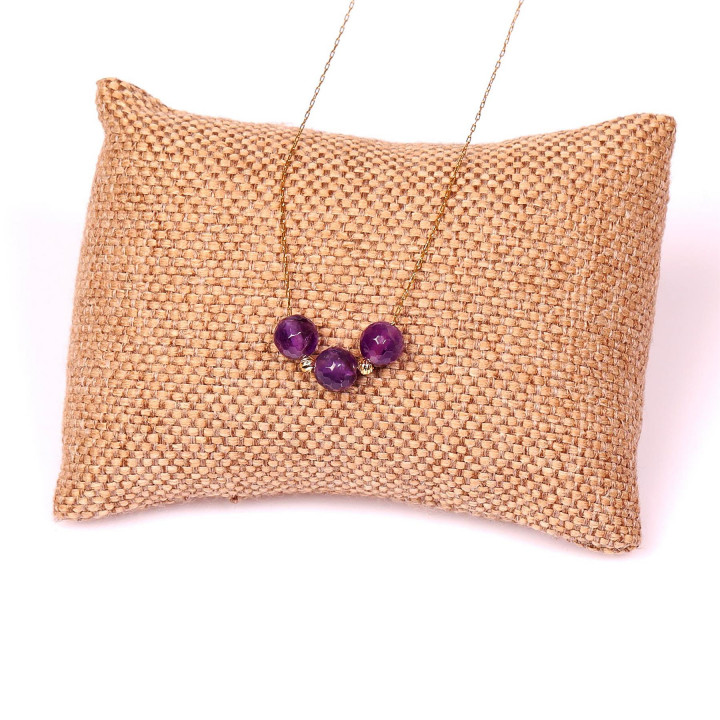 Çelik Zincirli Ametist Taşı Kolye - Altın Renkli Üç Top Model