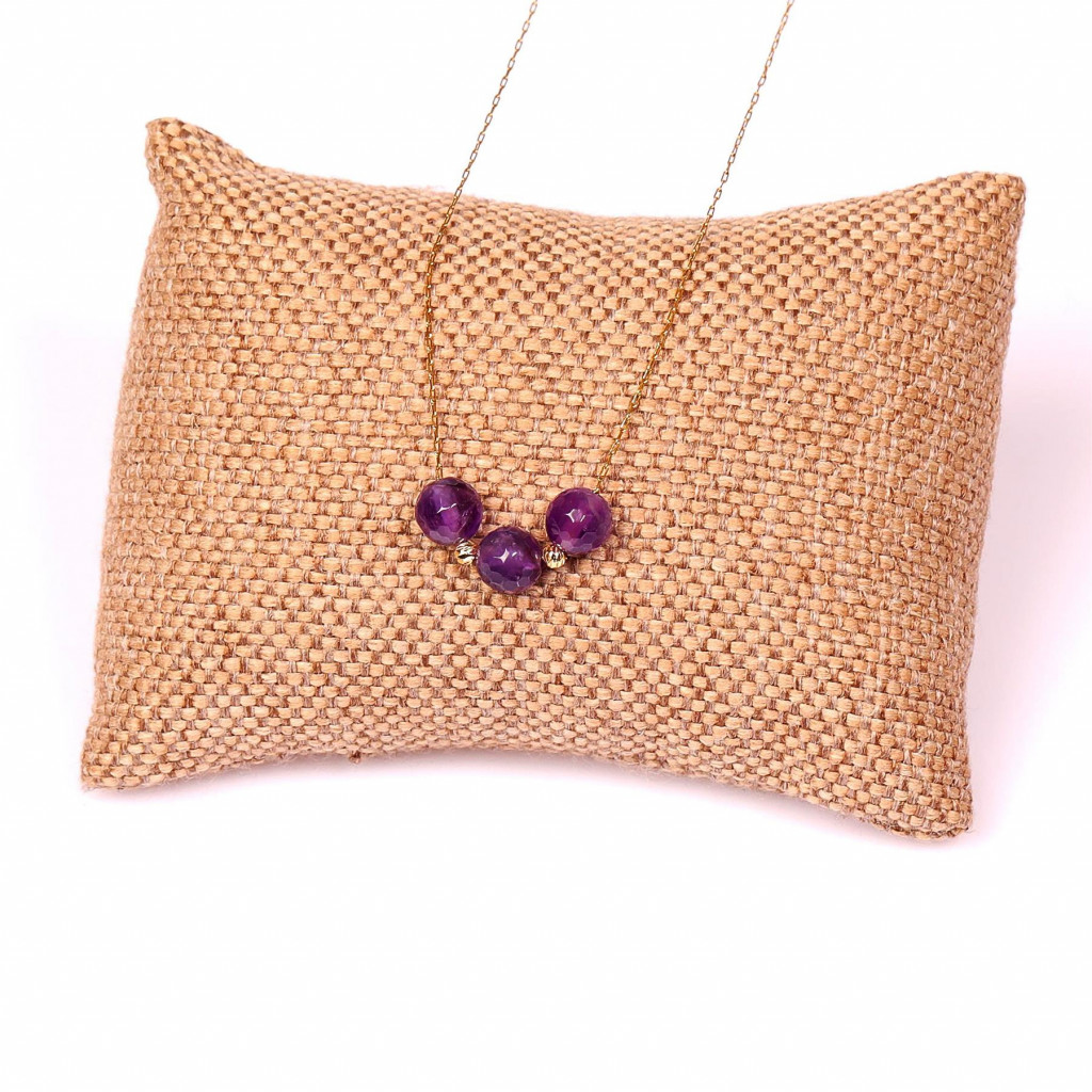 Çelik Zincirli Ametist Taşı Kolye - Altın Renkli Üç Top Model