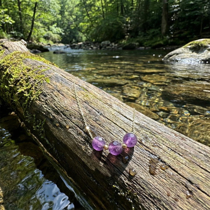 Çelik Zincirli Ametist Taşı Kolye - Altın Renkli Üç Top Model
