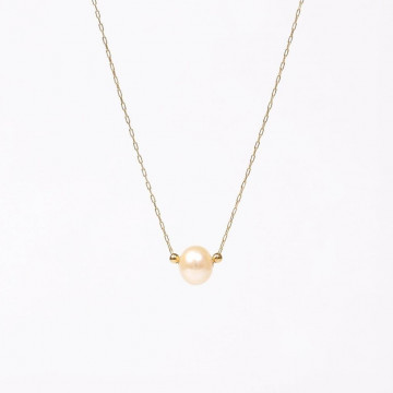 Çelik Zincirli Doğal İnci Kolye – 8 mm (Altın Renk Detaylı)