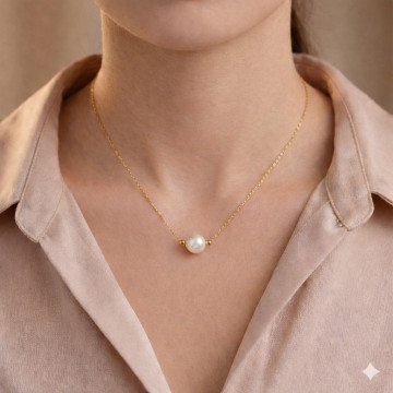 Çelik Zincirli Doğal İnci Kolye – 8 mm (Altın Renk Detaylı) - 2