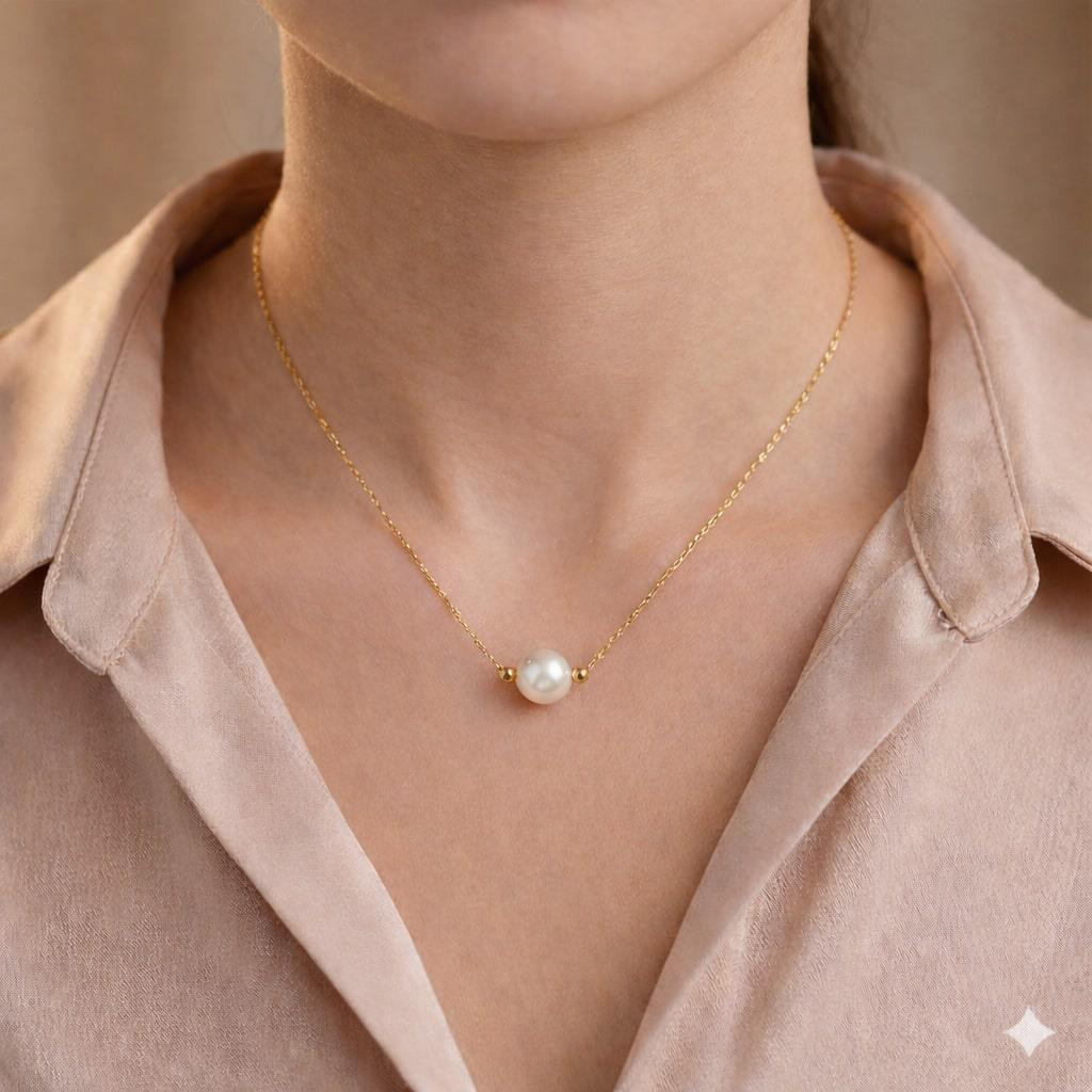 Çelik Zincirli Doğal İnci Kolye – 8 mm (Altın Renk Detaylı)