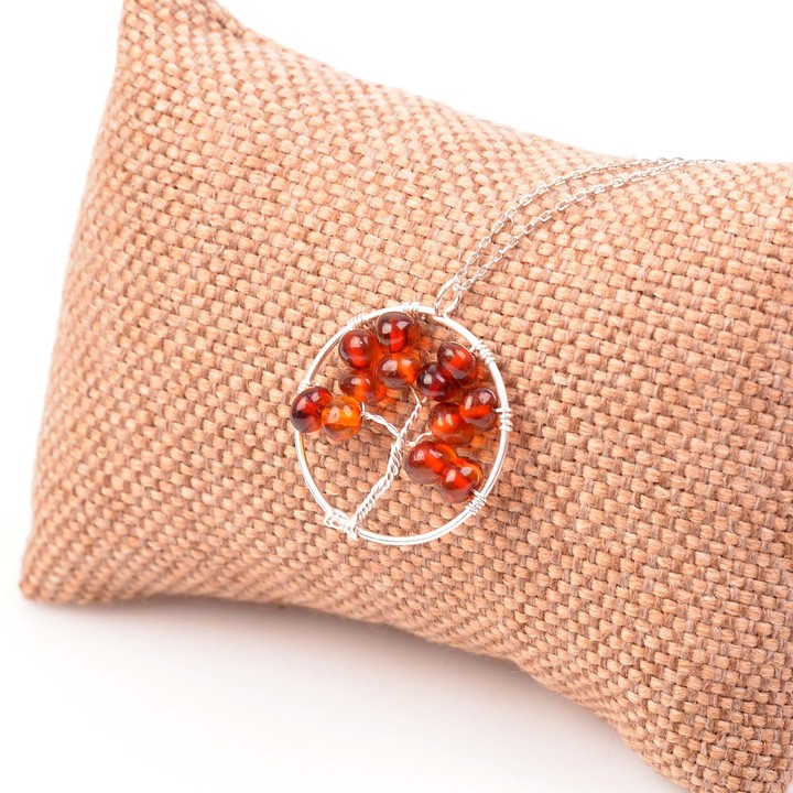 Damla Kehribar Gümüş Kolye - Hayat Ağacı