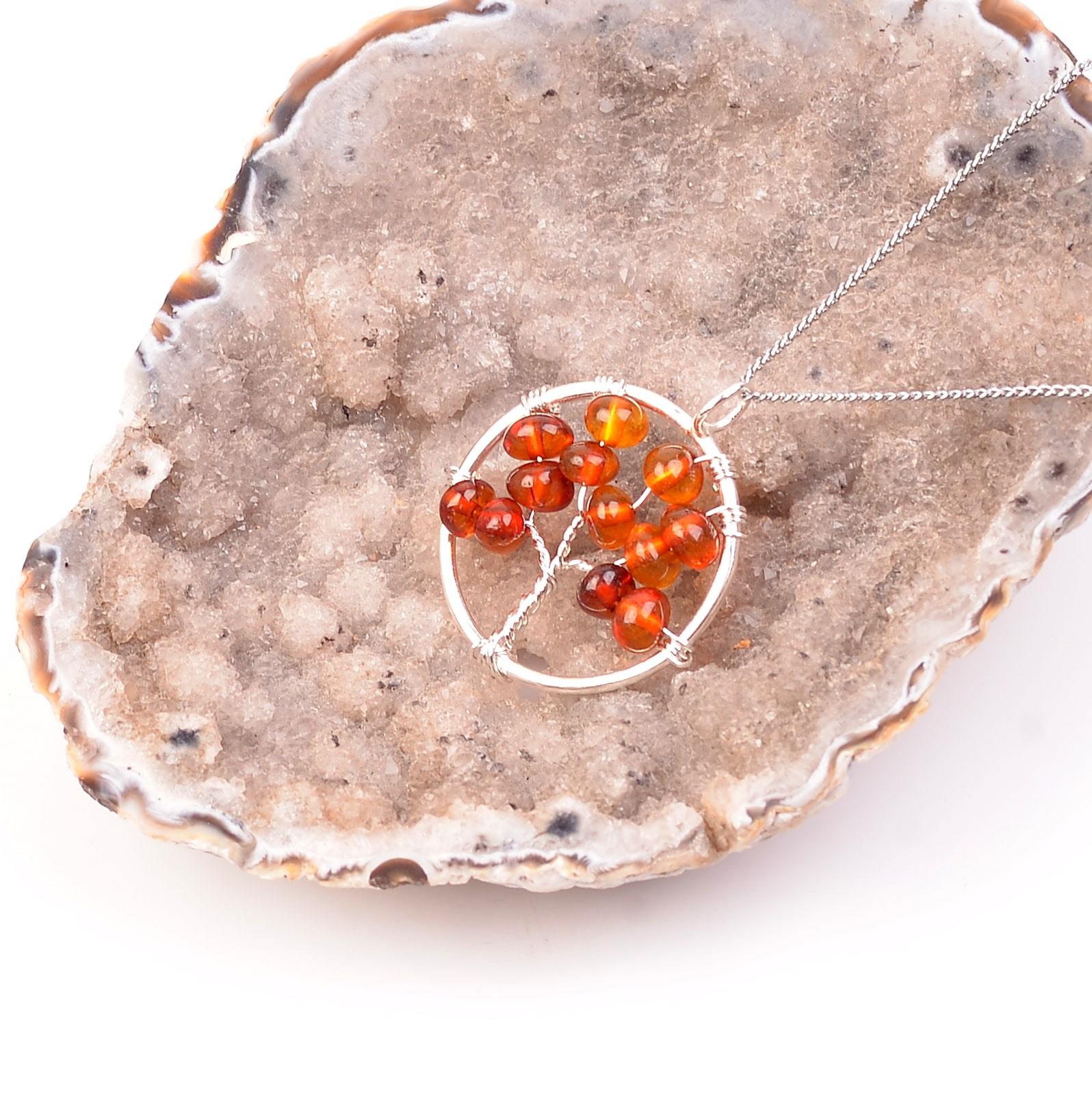 Drop Amber Silver Necklace Hayat Tree