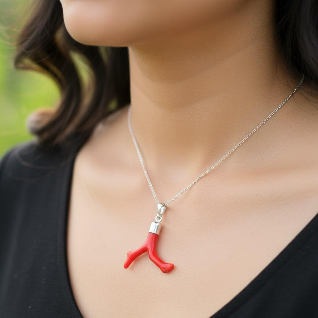 Doğal Boyasız Dal Mercan Taşı Gümüş Kolye – 925 Ayar Gümüş Zincirli