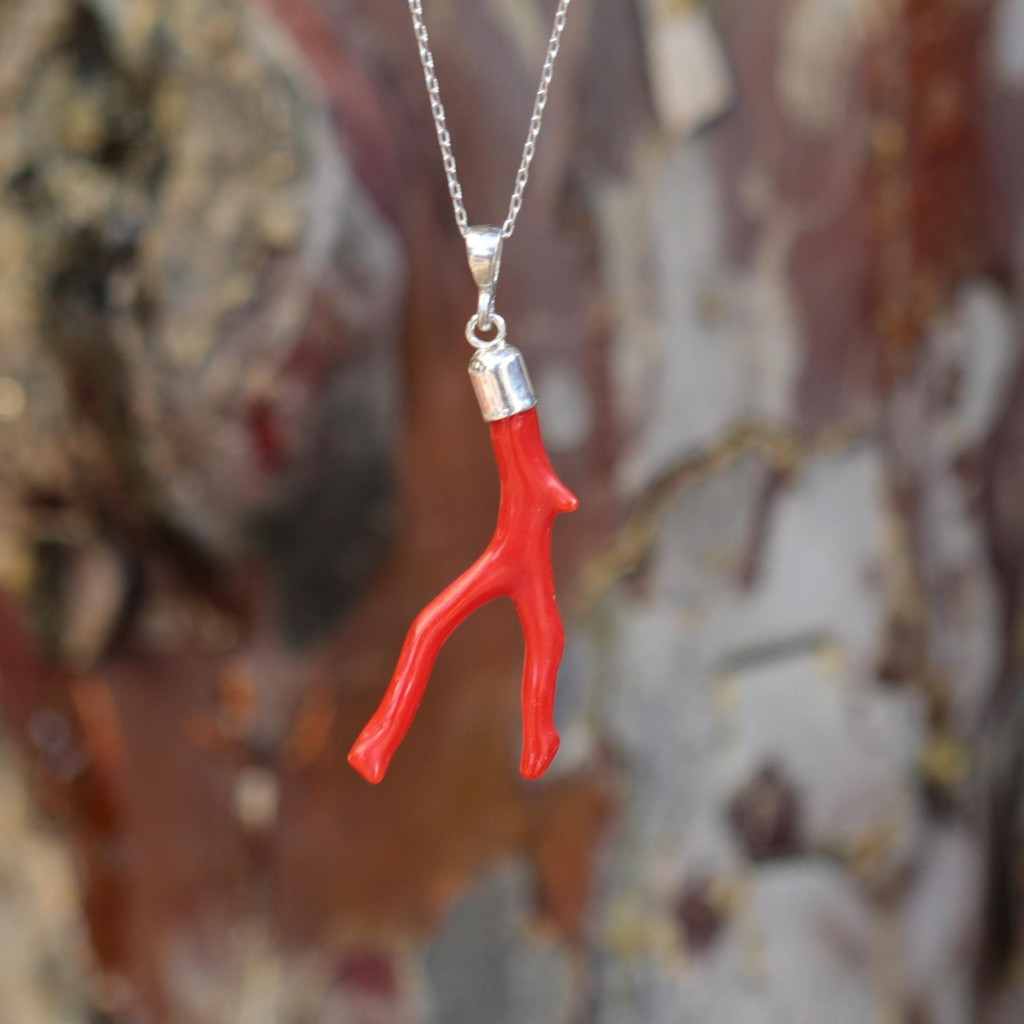 Doğal Boyasız Dal Mercan Taşı Gümüş Kolye – 925 Ayar Gümüş Zincirli