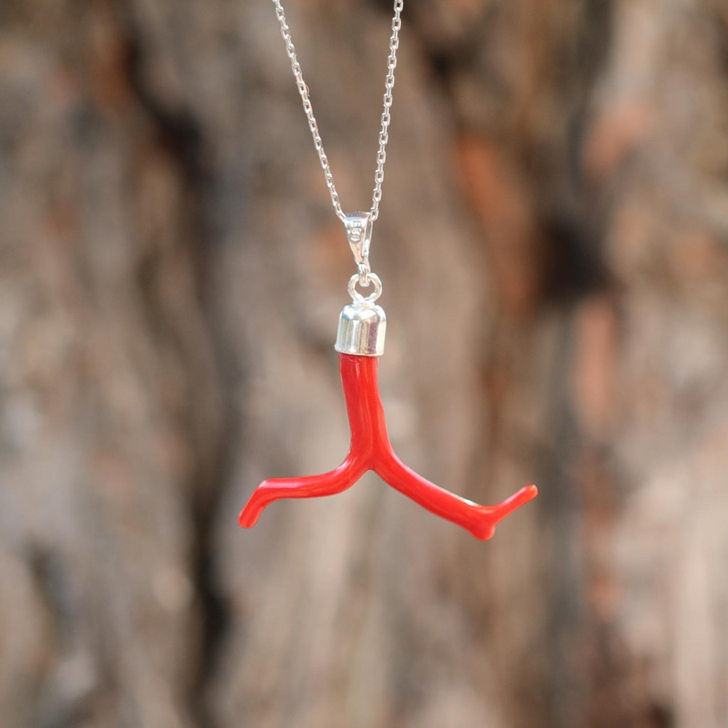 Doğal Boyasız Dal Mercan Taşı Gümüş Kolye – 925 Ayar Gümüş Zincirli