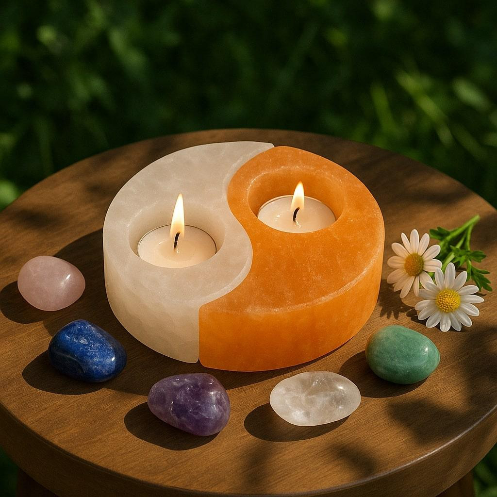 Selenit Taşı Yin Yang İkili Mumluk – Denge ve Işığın Zarif Uyumu