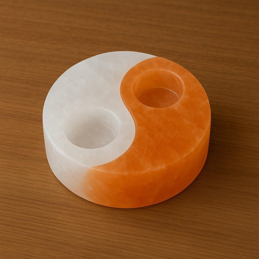 Selenit Taşı Yin Yang İkili Mumluk – Denge ve Işığın Zarif Uyumu