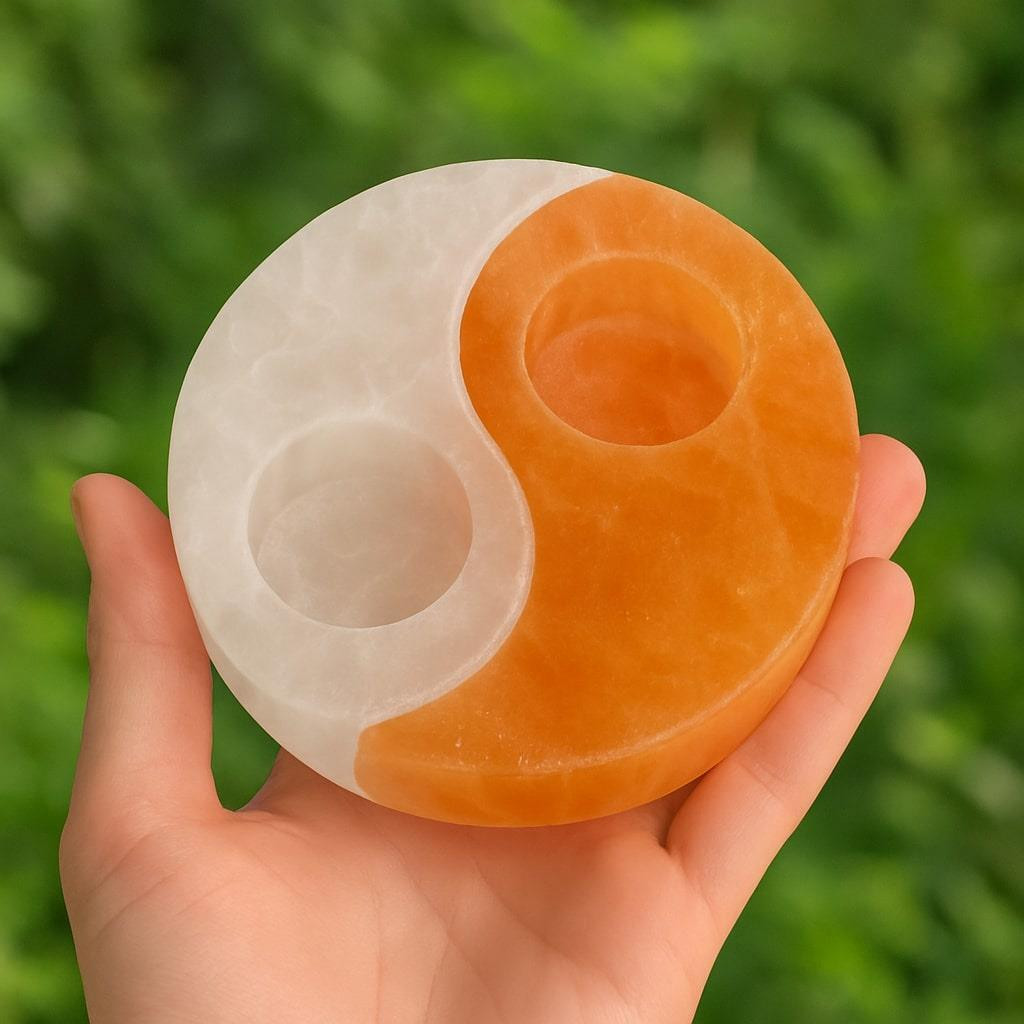 Selenit Taşı Yin Yang İkili Mumluk – Denge ve Işığın Zarif Uyumu