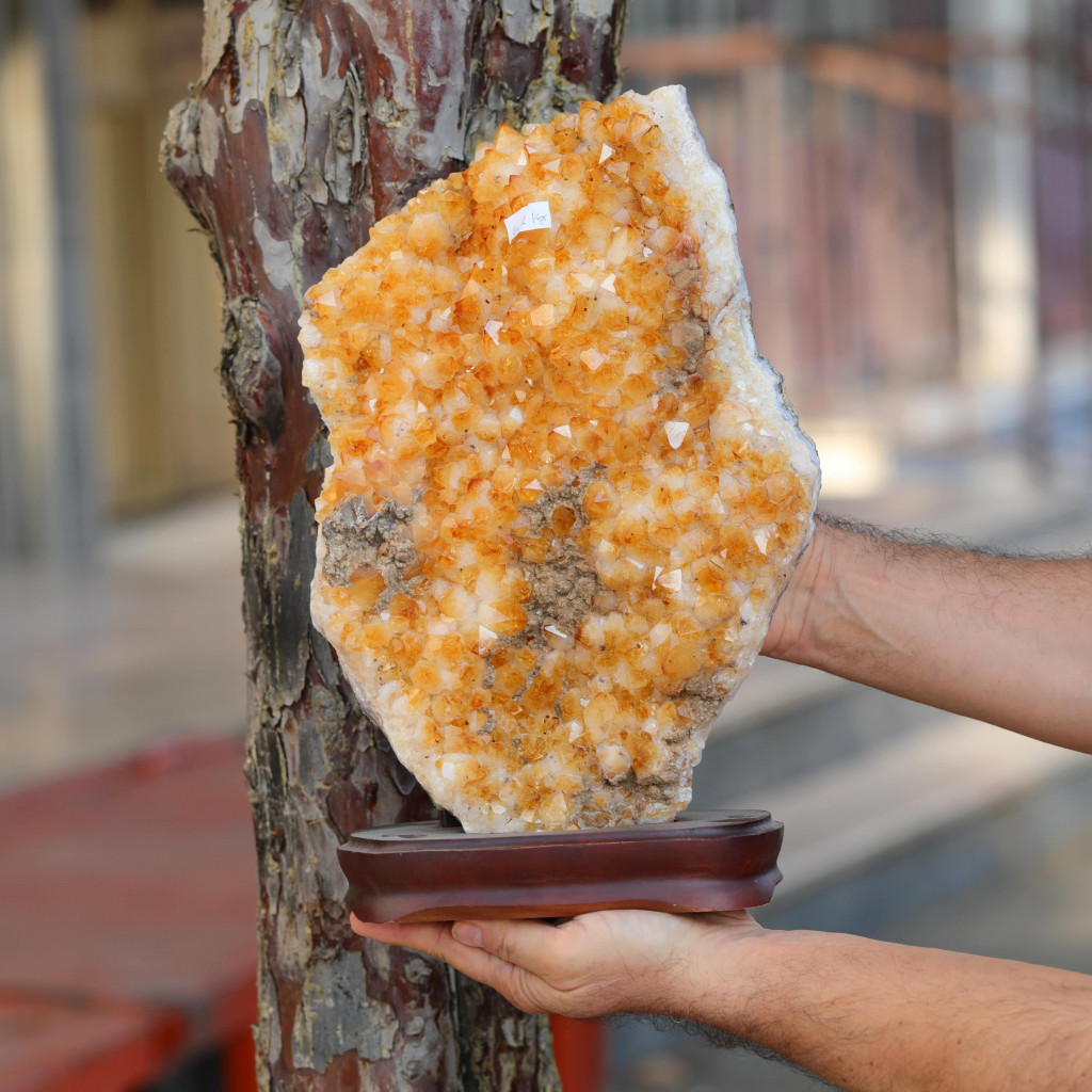 Doğal Sitrin Taşı Jeot Kütle (Ahşap Kaideli) – 35 cm x 25 cm – 6100 gr