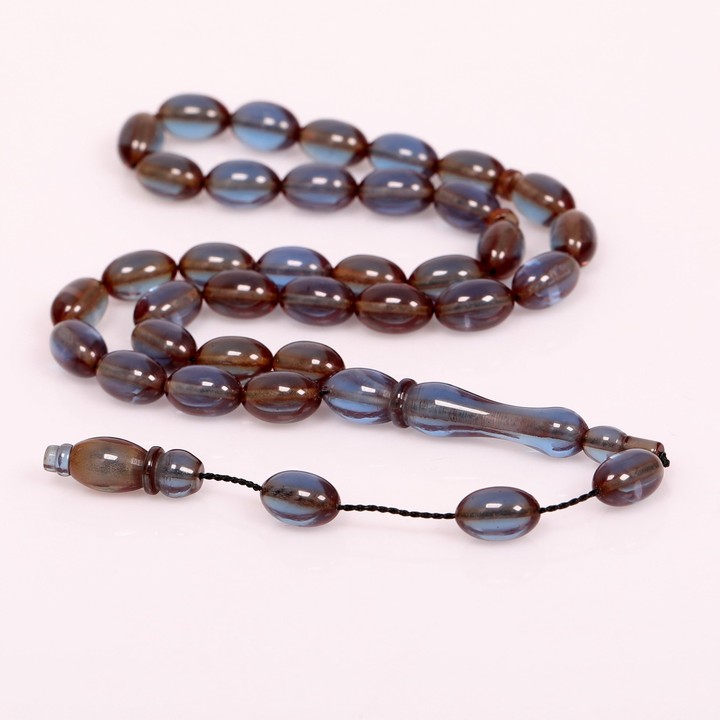 Dumanlı Mavi Renk Sıkma Kehribar Tesbih 7*11 mm - 2