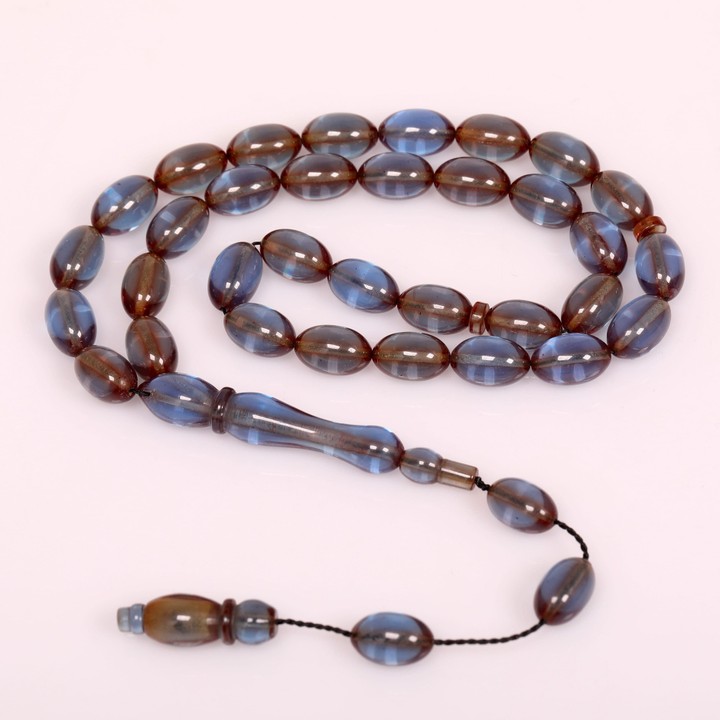 Dumanlı Mavi Renk Sıkma Kehribar Tesbih 7*11 mm