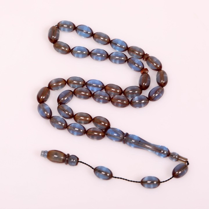 Dumanlı Mavi Renk Sıkma Kehribar Tesbih 7*11 mm