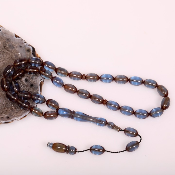 Dumanlı Mavi Renk Sıkma Kehribar Tesbih 7*11 mm