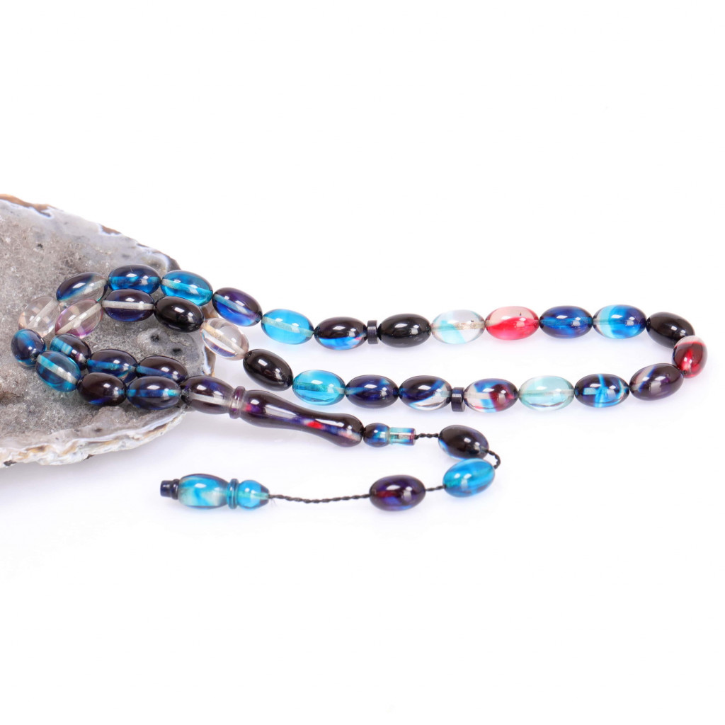 Ebruli Renk Sıkma Kehribar Tesbih 7*11 mm