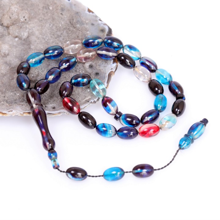 Ebruli Renk Sıkma Kehribar Tesbih 7*11 mm