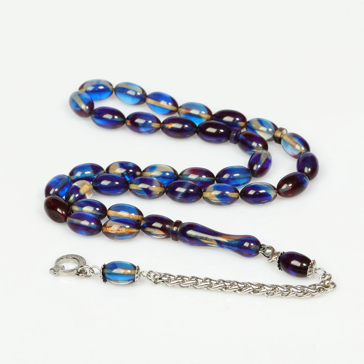 Gece Seması Çelik Püsküllü Sıkma Kehribar Tesbih (7*11 mm)