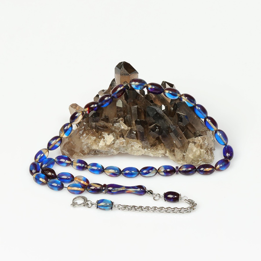 Gece Seması Çelik Püsküllü Sıkma Kehribar Tesbih (7*11 mm)