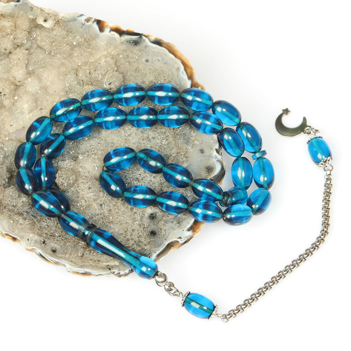 Gök Mavisi Çelik Püsküllü Sıkma Kehribar Tesbih (7*11 mm) - 2