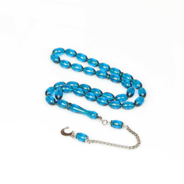 Gök Mavisi Çelik Püsküllü Sıkma Kehribar Tesbih (7*11 mm)