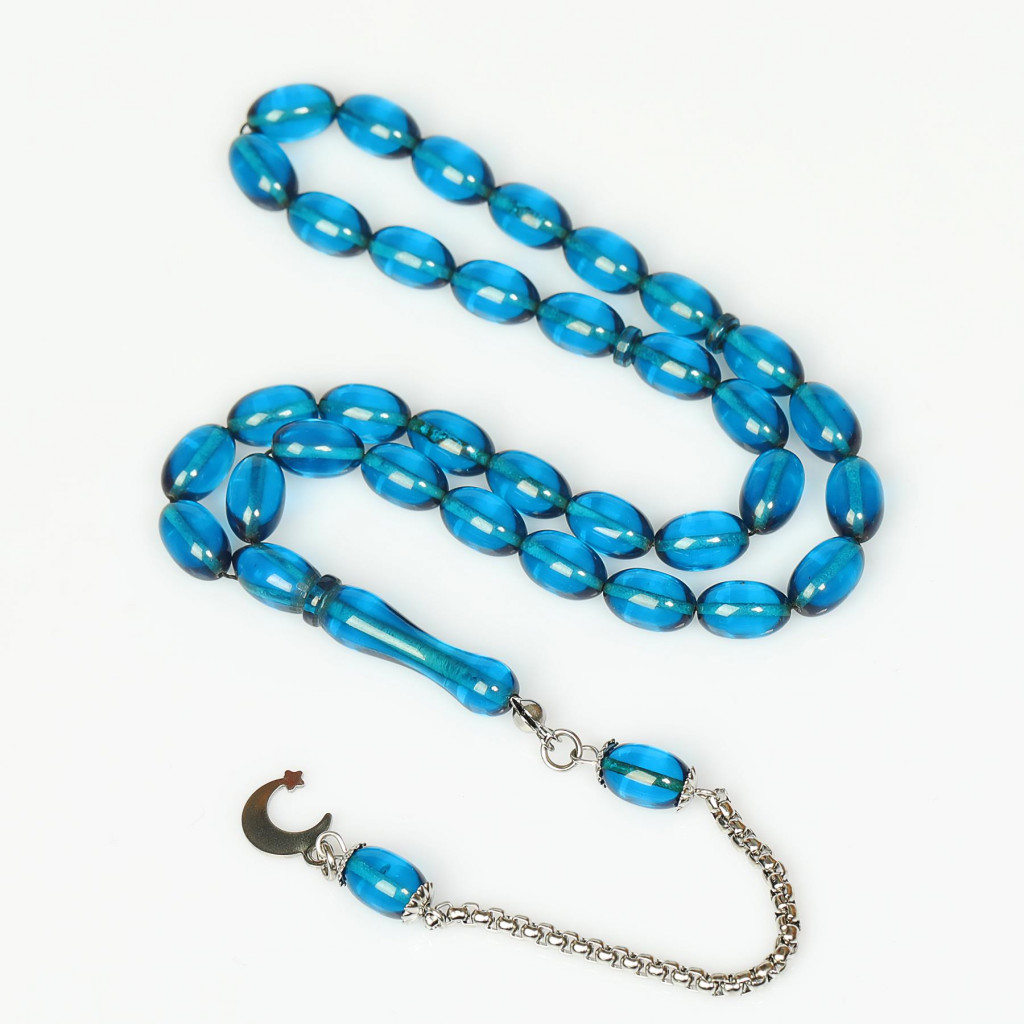 Gök Mavisi Çelik Püsküllü Sıkma Kehribar Tesbih (7*11 mm)