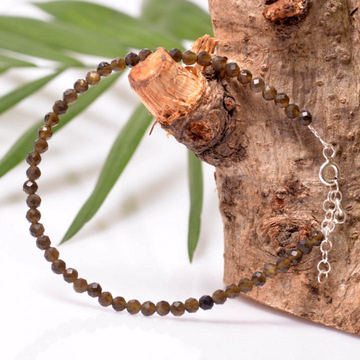 Golden Obsidyen Taşı Faset Kesim Gümüş Bileklik - 3 mm