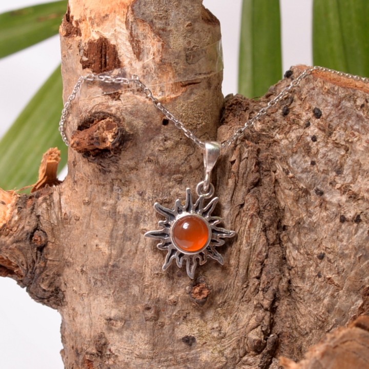 Güneş Şeklinde Akik Taşı Gümüş Kolye - Küçük Boy - 1