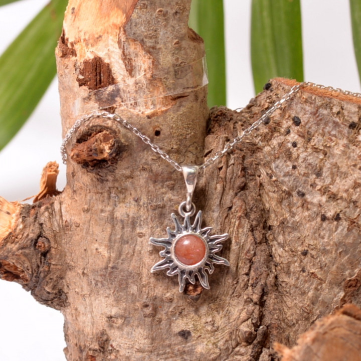 Güneş Şeklinde Güneş Taşı Gümüş Kolye - Küçük Boy - 1
