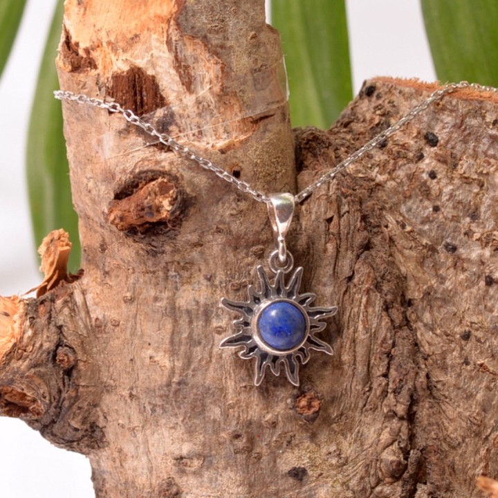 Güneş Şeklinde Lapis Lazuli Taşı Gümüş Kolye - Küçük Boy - 1