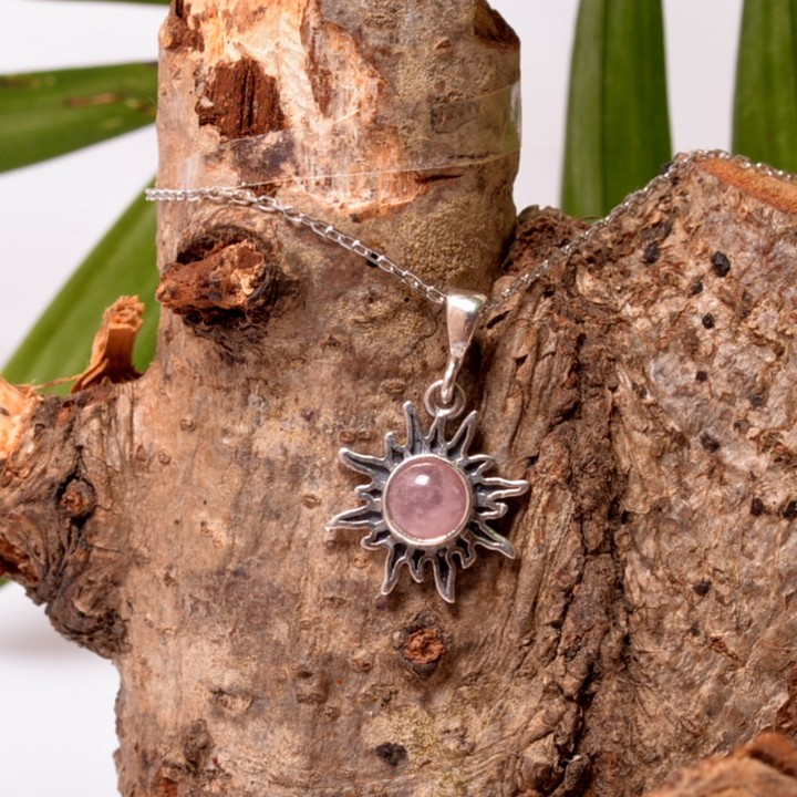 Güneş Şeklinde Pembe Kuvars Taşı Gümüş Kolye - Küçük Boy - 1