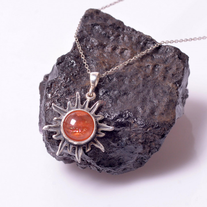 Güneş Taşı Güneş Şeklinde Gümüş Kolye - 1