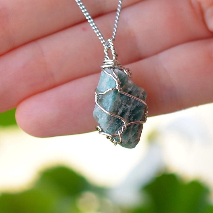 Ham Amazonit Taşı Kolye - Tel Sargılı - 2