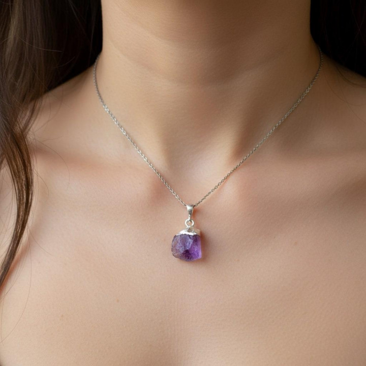 Ham Ametist Taşı Gümüş Kolye - Koyu Renk