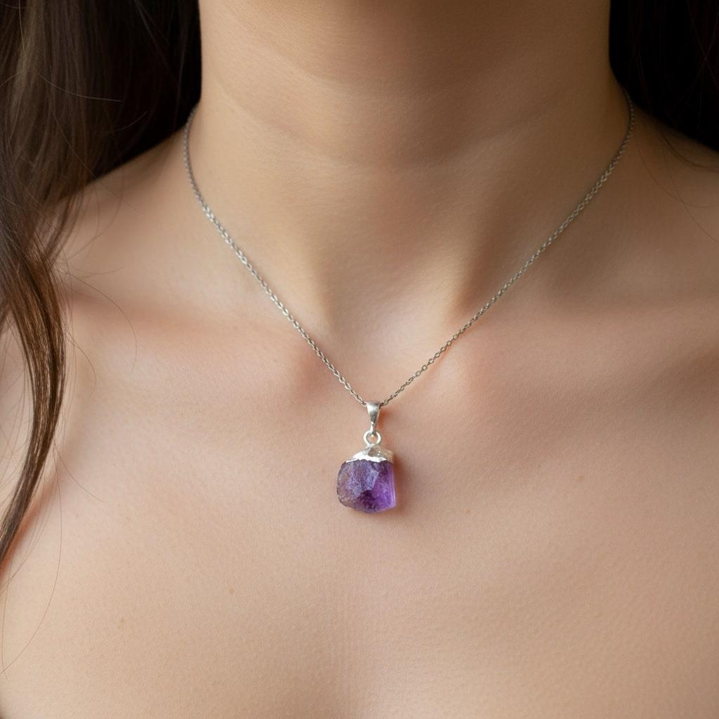 Ham Ametist Taşı Gümüş Kolye - Koyu Renk