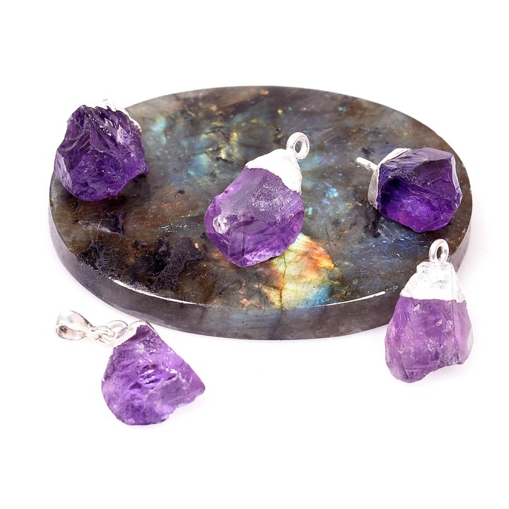 Ham Ametist Taşı Gümüş Kolye - Koyu Renk