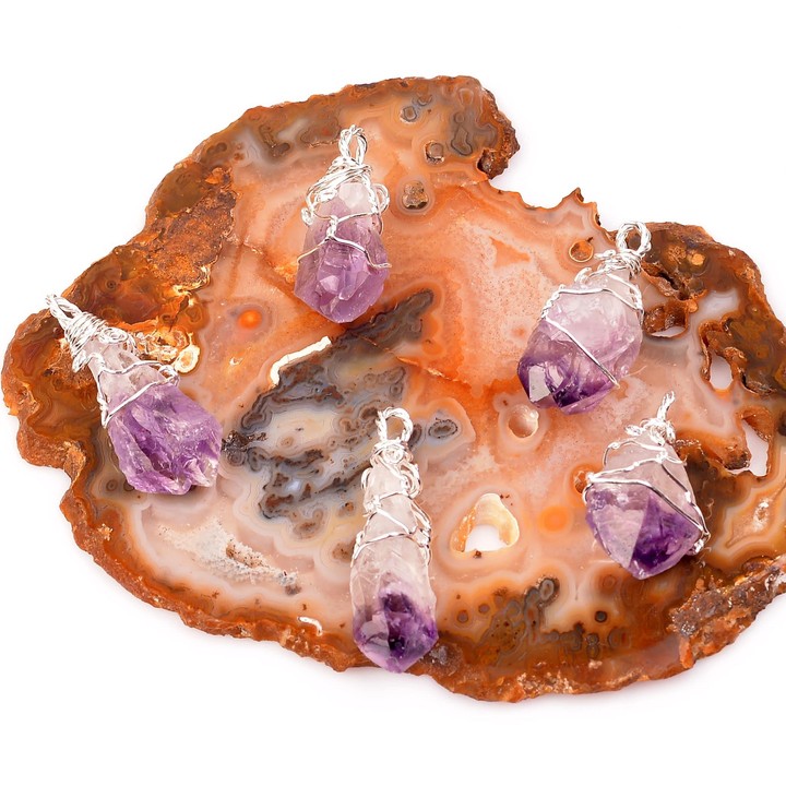 Ham Ametist Taşı Kolye- Tel Sargılı Doğal Taş