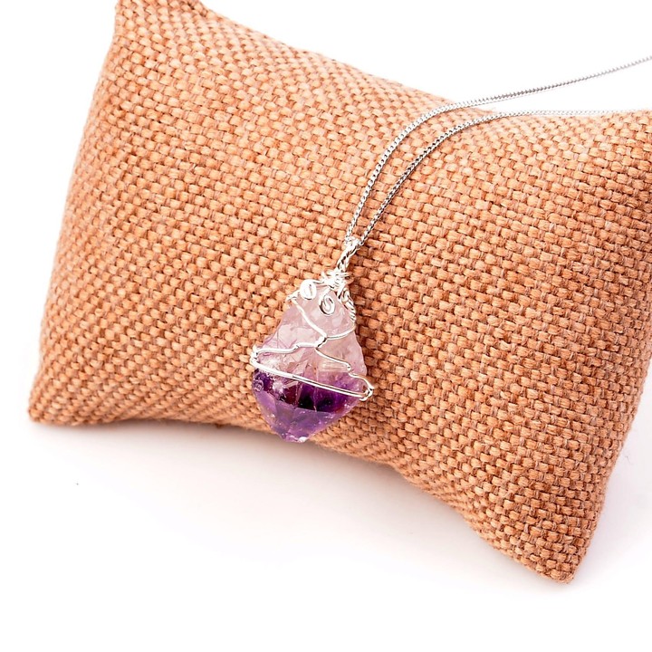 Ham Ametist Taşı Kolye- Tel Sargılı Doğal Taş