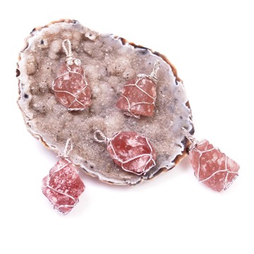 Ham Çilek Kuvars Taşı Kolye - Tel Sargılı - 2